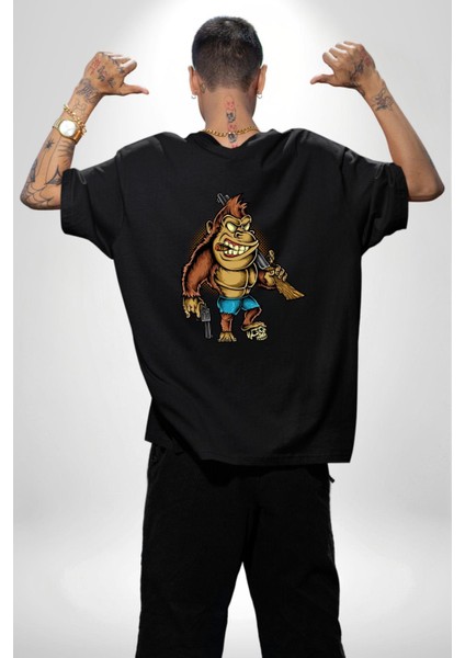 Teksaslı Savaşçı Goril Kadın Erkek Ön Minimal Sırt Baskılı Siyah Pamuklu Tişört fiyatları