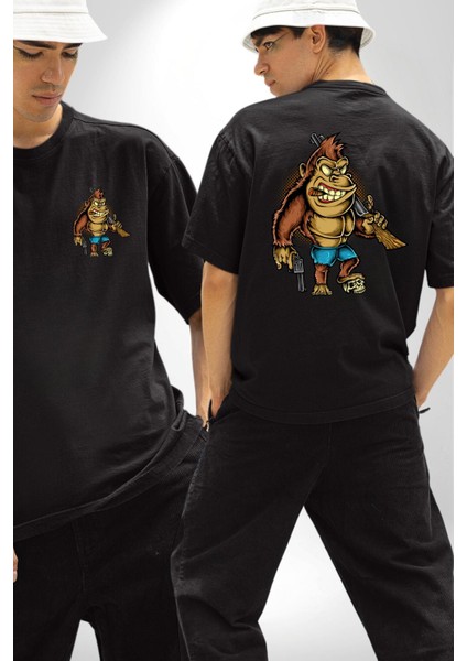 Teksaslı Savaşçı Goril Kadın Erkek Ön Minimal Sırt Baskılı Siyah Pamuklu Tişört fırsatları