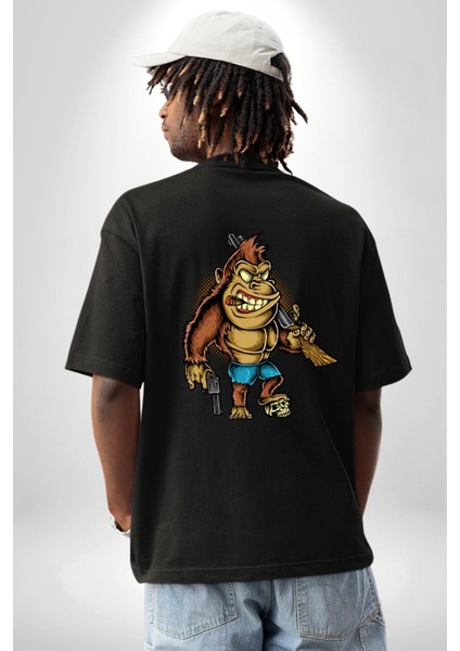 Teksaslı Savaşçı Goril Kadın Erkek Ön Minimal Sırt Baskılı Siyah Pamuklu Tişört indirimleri