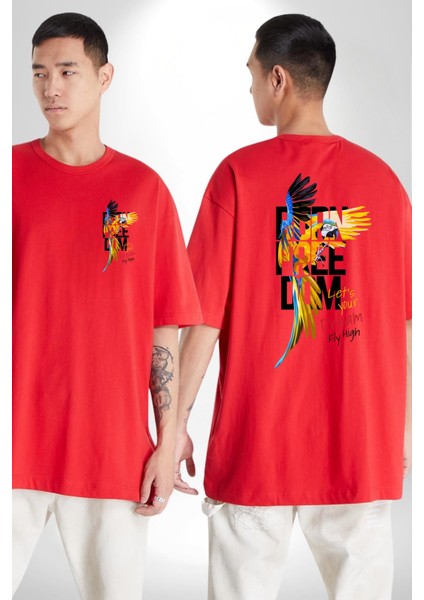 Doğuştan Özgürlük Papağan Yaz Stili Kadın Erkek Ön Minimal Sırt Baskılı Kırmızı Pamuklu Tişört fırsatları