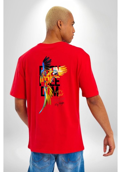 Doğuştan Özgürlük Papağan Yaz Stili Kadın Erkek Ön Minimal Sırt Baskılı Kırmızı Pamuklu Tişört indirimleri