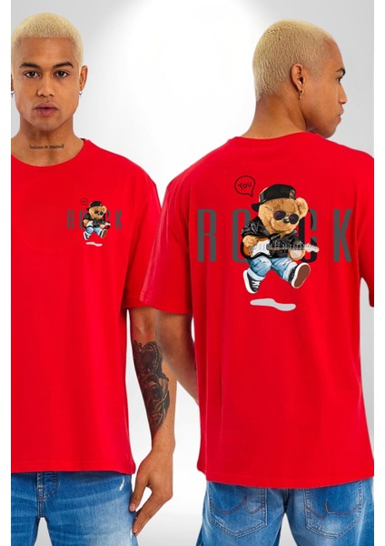 Rock Oyuncak Tatlı Ayı Kadın Erkek Ön Minimal Sırt Baskılı Kırmızı Pamuklu Tişört