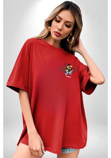 Rock Oyuncak Tatlı Ayı Kadın Erkek Ön Minimal Sırt Baskılı Kırmızı Pamuklu Tişört modelleri