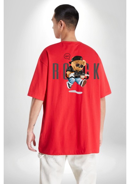 Rock Oyuncak Tatlı Ayı Kadın Erkek Ön Minimal Sırt Baskılı Kırmızı Pamuklu Tişört fırsatları