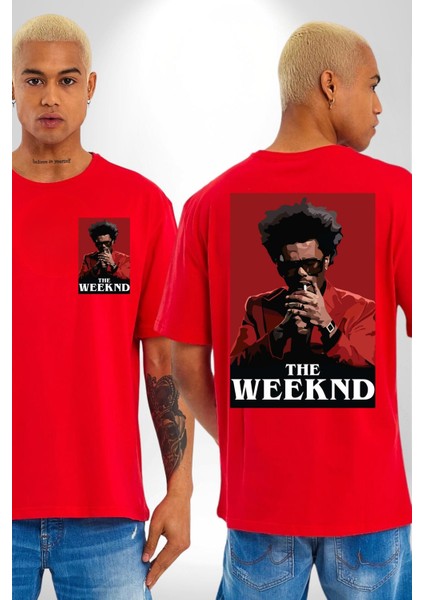 The Weekend Efsane Solist Kadın Erkek Ön Minimal Sırt Baskılı Kırmızı Pamuklu Tişört
