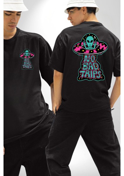 Kötü Yolculuk Yoktur Uzaylı Ufo Kadın Erkek Ön Minimal Sırt Baskılı Siyah Pamuklu Tişört