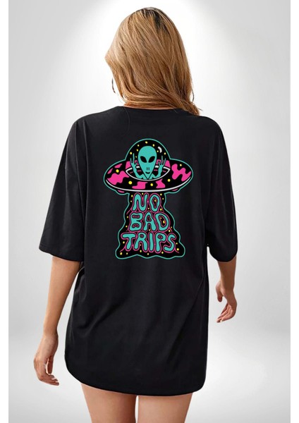 Kötü Yolculuk Yoktur Uzaylı Ufo Kadın Erkek Ön Minimal Sırt Baskılı Siyah Pamuklu Tişört fiyatları