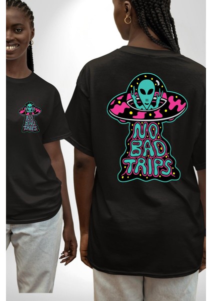 Kötü Yolculuk Yoktur Uzaylı Ufo Kadın Erkek Ön Minimal Sırt Baskılı Siyah Pamuklu Tişört fırsatları