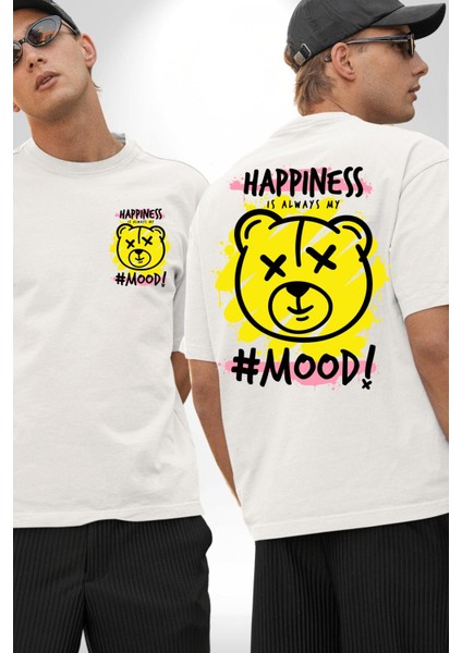 Mutluluk Modu Oyuncak Ayı Kadın Erkek Ön Minimal Sırt Baskılı Beyaz Pamuklu Tişört