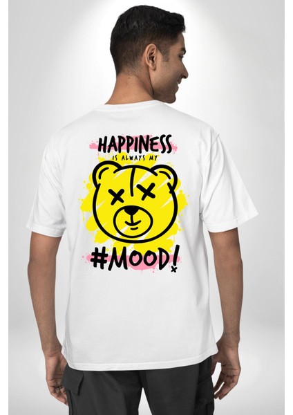 Mutluluk Modu Oyuncak Ayı Kadın Erkek Ön Minimal Sırt Baskılı Beyaz Pamuklu Tişört fiyatları