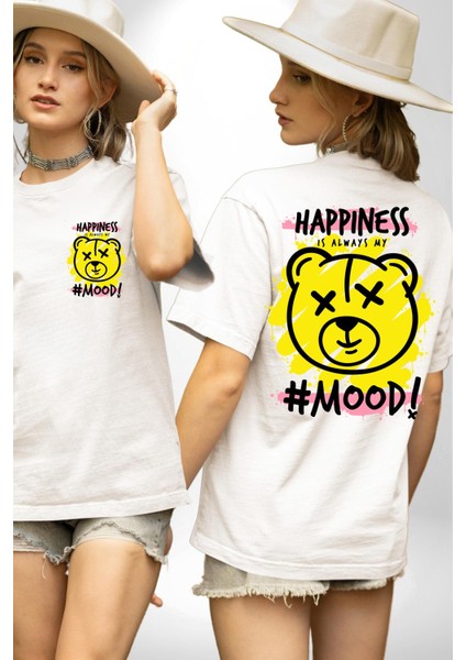 Mutluluk Modu Oyuncak Ayı Kadın Erkek Ön Minimal Sırt Baskılı Beyaz Pamuklu Tişört fırsatları