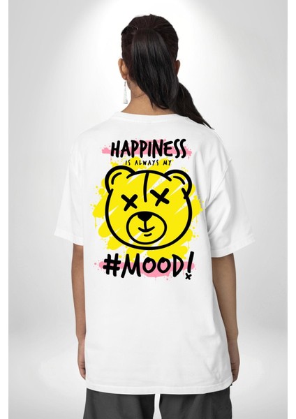 Mutluluk Modu Oyuncak Ayı Kadın Erkek Ön Minimal Sırt Baskılı Beyaz Pamuklu Tişört indirimleri