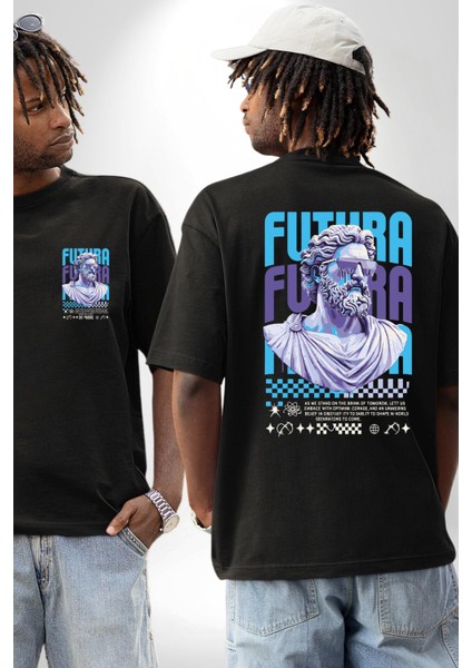 Gelecek Partici Poseidon Yunan Tanrısı Kadın Erkek Ön Minimal Sırt Baskılı Siyah Pamuklu Tişört