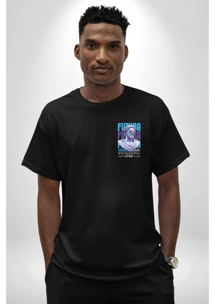 Gelecek Partici Poseidon Yunan Tanrısı Kadın Erkek Ön Minimal Sırt Baskılı Siyah Pamuklu Tişört modelleri