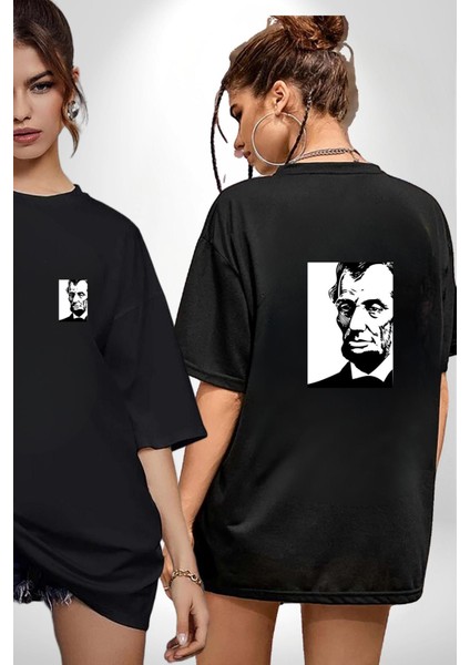 Abraham Lincoln Başkan Kadın Erkek Ön Minimal Sırt Baskılı Siyah Pamuklu Tişört