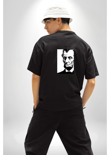 Abraham Lincoln Başkan Kadın Erkek Ön Minimal Sırt Baskılı Siyah Pamuklu Tişört fiyatları