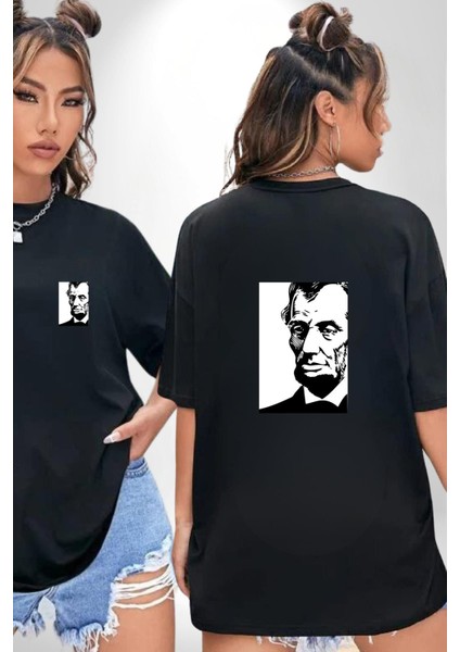 Abraham Lincoln Başkan Kadın Erkek Ön Minimal Sırt Baskılı Siyah Pamuklu Tişört fırsatları