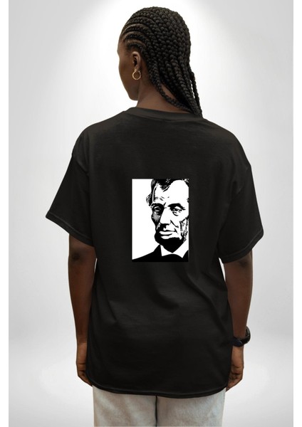 Abraham Lincoln Başkan Kadın Erkek Ön Minimal Sırt Baskılı Siyah Pamuklu Tişört indirimleri
