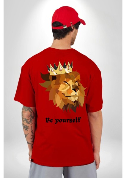 Kendin Ol Taçlı Aslan Cimbom Kadın Erkek Ön Minimal Sırt Baskılı Kırmızı Pamuklu Tişört fiyatları