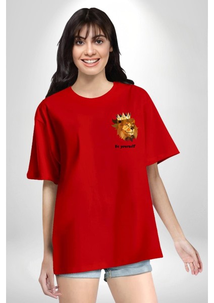 Kendin Ol Taçlı Aslan Cimbom Kadın Erkek Ön Minimal Sırt Baskılı Kırmızı Pamuklu Tişört modelleri