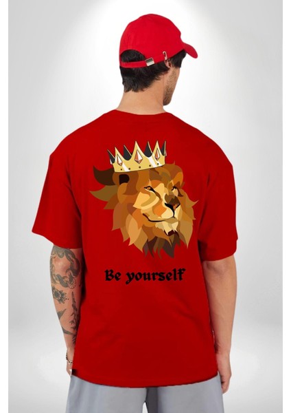 Kendin Ol Taçlı Aslan Cimbom Kadın Erkek Ön Minimal Sırt Baskılı Kırmızı Pamuklu Tişört indirimleri