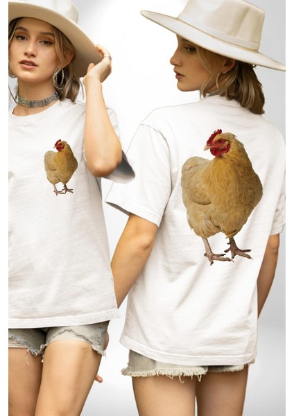 Çiftlik Tarzı Tavuk Kadın Erkek Ön Minimal Sırt Baskılı Beyaz Pamuklu Tişört