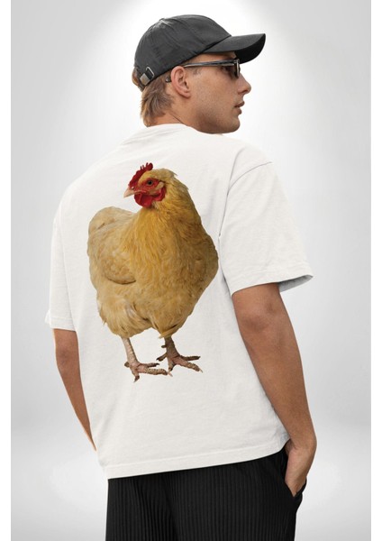 Çiftlik Tarzı Tavuk Kadın Erkek Ön Minimal Sırt Baskılı Beyaz Pamuklu Tişört fiyatları