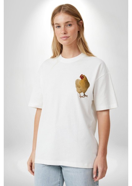 Çiftlik Tarzı Tavuk Kadın Erkek Ön Minimal Sırt Baskılı Beyaz Pamuklu Tişört modelleri