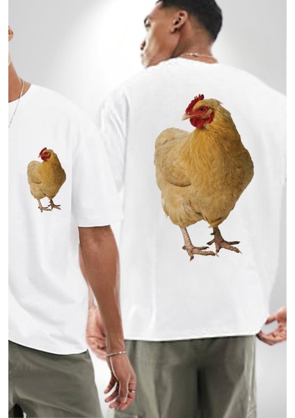 Çiftlik Tarzı Tavuk Kadın Erkek Ön Minimal Sırt Baskılı Beyaz Pamuklu Tişört fırsatları