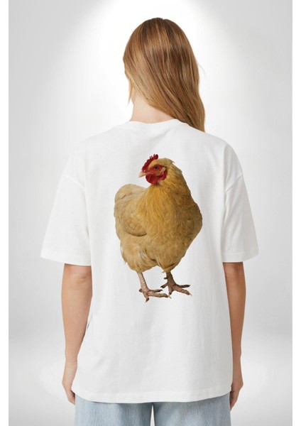 Çiftlik Tarzı Tavuk Kadın Erkek Ön Minimal Sırt Baskılı Beyaz Pamuklu Tişört indirimleri