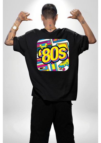 Seksenler Eski Tarz Kadın Erkek Ön Minimal Sırt Baskılı Siyah Pamuklu Tişört fiyatları