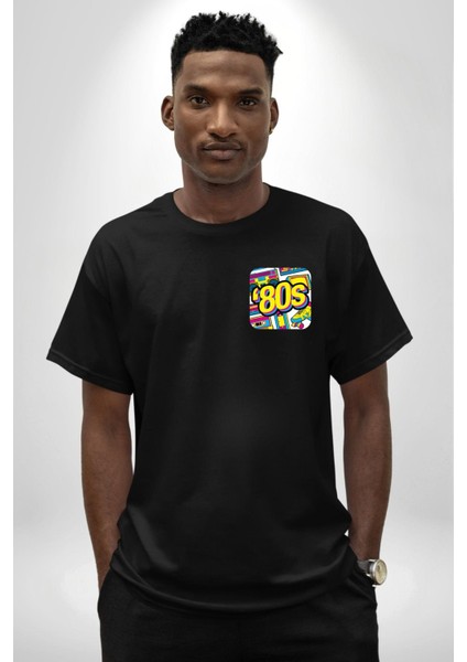 Seksenler Eski Tarz Kadın Erkek Ön Minimal Sırt Baskılı Siyah Pamuklu Tişört modelleri