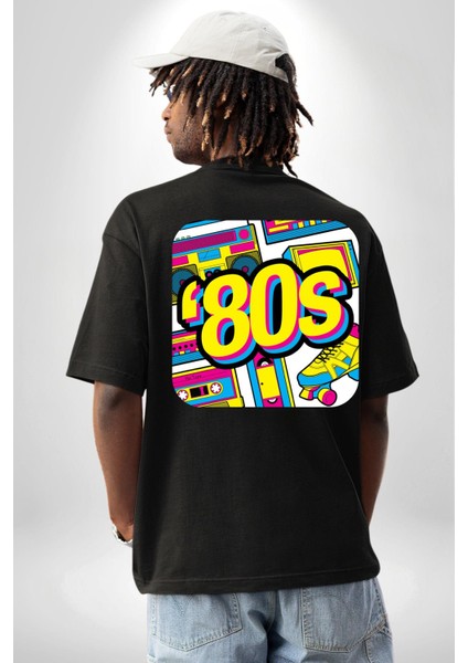 Seksenler Eski Tarz Kadın Erkek Ön Minimal Sırt Baskılı Siyah Pamuklu Tişört indirimleri