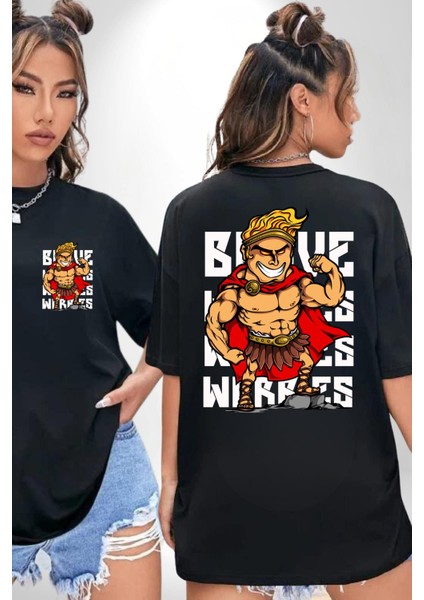 This Is Sparta Spartalı Asker Kaslı Kadın Erkek Ön Minimal Sırt Baskılı Siyah Pamuklu Tişört