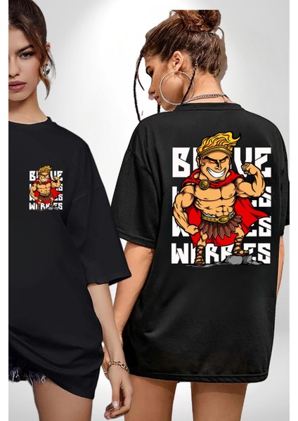 This Is Sparta Spartalı Asker Kaslı Kadın Erkek Ön Minimal Sırt Baskılı Siyah Pamuklu Tişört indirimleri