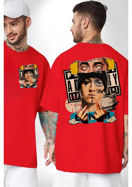Eminem Rap Tanrısı Kadın Erkek Ön Minimal Sırt Baskılı Kırmızı Pamuklu Tişört