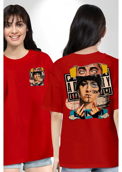 Eminem Rap Tanrısı Kadın Erkek Ön Minimal Sırt Baskılı Kırmızı Pamuklu Tişört fırsatları