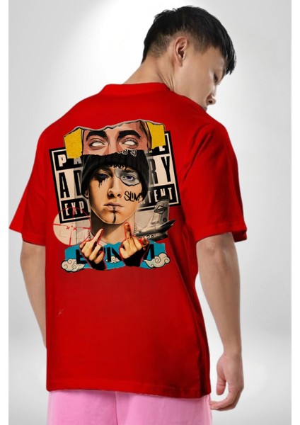 Eminem Rap Tanrısı Kadın Erkek Ön Minimal Sırt Baskılı Kırmızı Pamuklu Tişört indirimleri