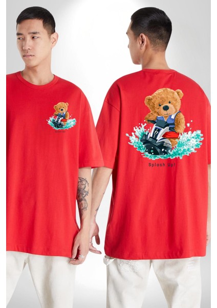 Jetski Süren Oyuncak Ayı Kadın Erkek Ön Minimal Sırt Baskılı Kırmızı Pamuklu Tişört