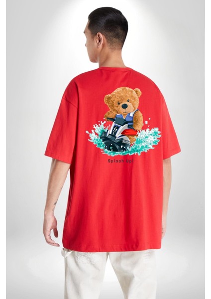 Jetski Süren Oyuncak Ayı Kadın Erkek Ön Minimal Sırt Baskılı Kırmızı Pamuklu Tişört fiyatları