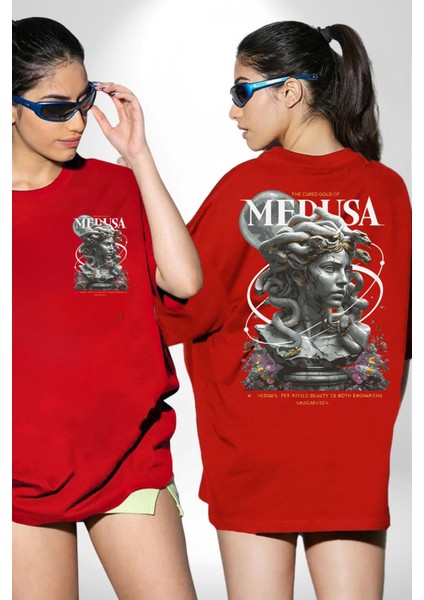 Yunan Mitolojisi Taşa Çeviren Medusa Kadın Erkek Ön Minimal Sırt Baskılı Kırmızı Pamuklu Tişört