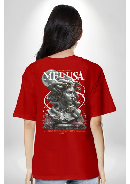 Yunan Mitolojisi Taşa Çeviren Medusa Kadın Erkek Ön Minimal Sırt Baskılı Kırmızı Pamuklu Tişört fiyatları