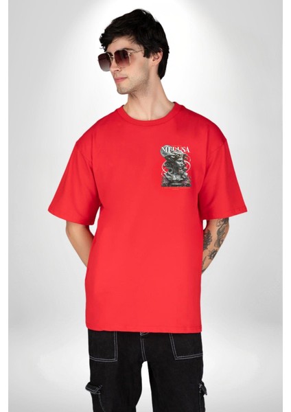 Yunan Mitolojisi Taşa Çeviren Medusa Kadın Erkek Ön Minimal Sırt Baskılı Kırmızı Pamuklu Tişört modelleri