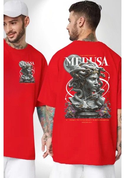 Yunan Mitolojisi Taşa Çeviren Medusa Kadın Erkek Ön Minimal Sırt Baskılı Kırmızı Pamuklu Tişört fırsatları