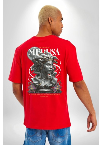Yunan Mitolojisi Taşa Çeviren Medusa Kadın Erkek Ön Minimal Sırt Baskılı Kırmızı Pamuklu Tişört indirimleri