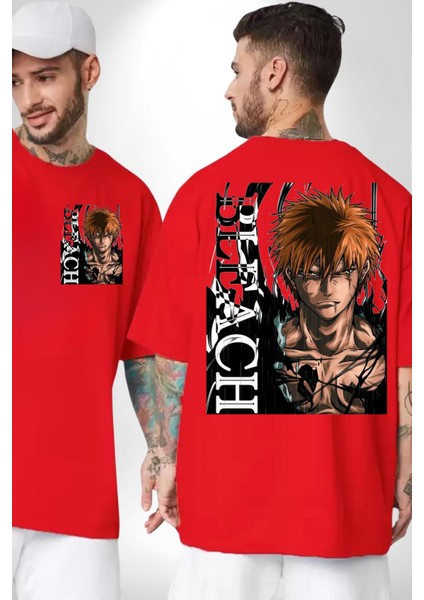 Bleach Ichıgo Kurosaki Anime Kadın Erkek Ön Minimal Sırt Baskılı Kırmızı Pamuklu Tişört