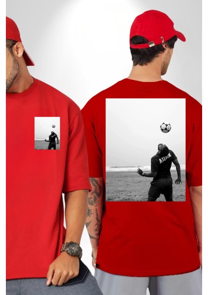 Brezilya Tarzı Futbol Futbolcu Kadın Erkek Ön Minimal Sırt Baskılı Kırmızı Pamuklu Tişört