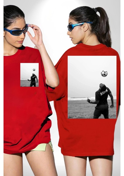 Brezilya Tarzı Futbol Futbolcu Kadın Erkek Ön Minimal Sırt Baskılı Kırmızı Pamuklu Tişört fırsatları