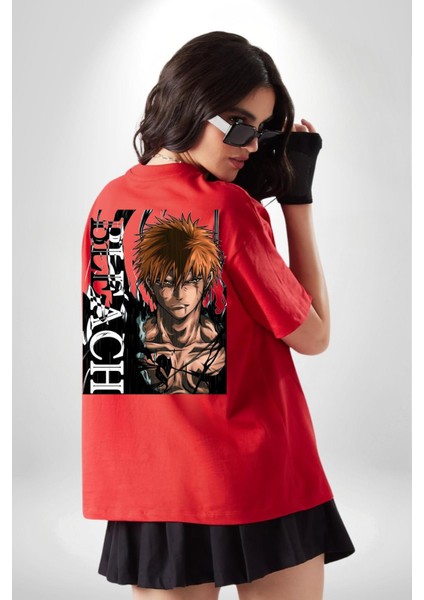 Bleach Ichıgo Kurosaki Anime Kadın Erkek Ön Minimal Sırt Baskılı Kırmızı Pamuklu Tişört modelleri