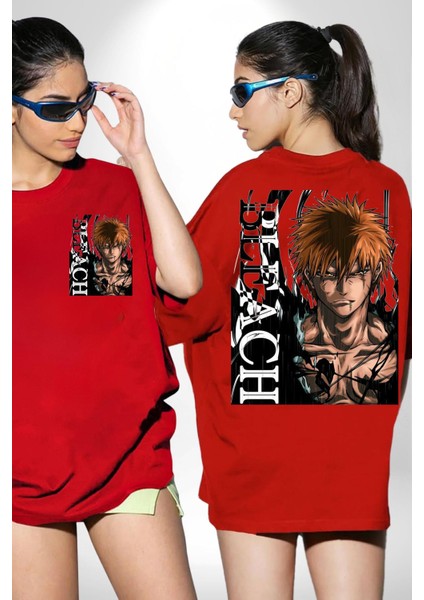 Bleach Ichıgo Kurosaki Anime Kadın Erkek Ön Minimal Sırt Baskılı Kırmızı Pamuklu Tişört fırsatları
